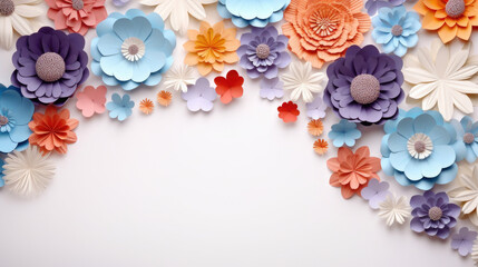 Volumetric paper flowers.  Spring flowers background. Mockup. Brightly colored flowers on white background. Top view. Copy space. Pastel colors.