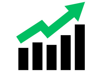 business graph with arrow. Green arrow growing pointing up on graph bars trending upwards