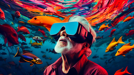 Amazed elderly senior man with virtual reality meta verse VR glasses headset. Technology simulation. Hi-tech virtual adventure travel through time and space. A mature male enjoys a virtual journey