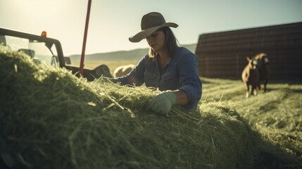 Ranch Laborer Feeding Alfalfa Hay to Livestock During Industrial Farm Work - obrazy, fototapety, plakaty