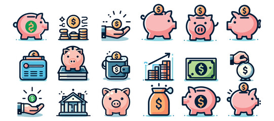 Pig a piggy bank, money saving, a dollar sign in a bank, storage of securities, vector set