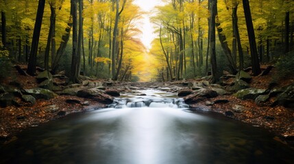 Long Exposure of Falling Spring Waterfall and Autumn Forest on Appalachian Trail in Virginia's Countryside