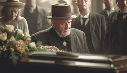 Fototapeta premium Grandpa mourns beside coffin, tears and sorrow in farewell
