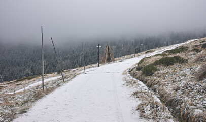 Winter mountain landscape of the Karkonosze Mountains, color toning applied, Poland.