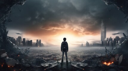 Post-apocalyptic Future Cityscape Rendered by AI, featuring an Apocalypse Child and a Decimated Urban Landscape.