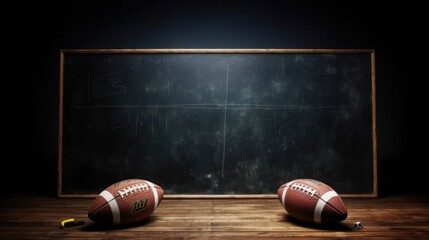 Professional American Football Play Diagram on Chalkboard with Pigskin Ball - obrazy, fototapety, plakaty