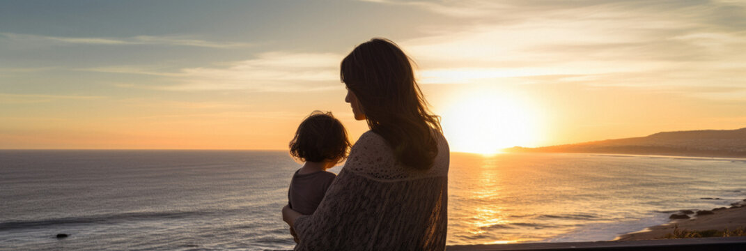 silhouette of a mother with her child at sunset, in a coastal setting, near the beach. Melancholic sad protective posters love emotions. Beautiful detailed photography. Motherhood and parenting themes - Powered by Adobe