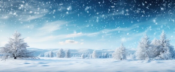 snow background with trees for christmas on a clear blue sky with snow,