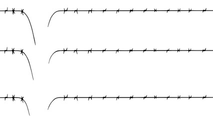 Barrier barbwire for prison, illustration of collection border prison. Barbed wire black silhouettes vector frame borders. - obrazy, fototapety, plakaty