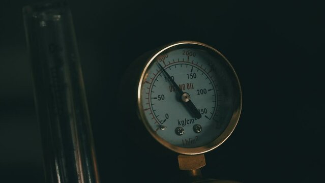 Pressure measurement sensor. Manometer Bar Pressure Gauge Fuel Air Compressor Meter. Hydraulic Pressure Tester. Sensor, Appliance, System, Mechanism. 4K, Macro
