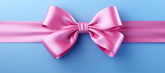Pink ribbon bow wrapped in satin on a blue background
