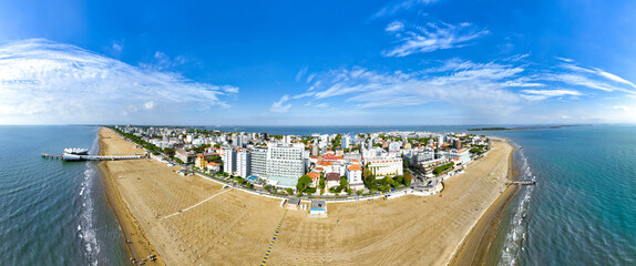 Lignano Sabbiadoro aerial panoramic view on the beach.