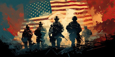 Silhouette of a group of soldiers with the american flag and guns.