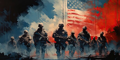 Silhouette of a group of soldiers with the american flag and guns. - obrazy, fototapety, plakaty