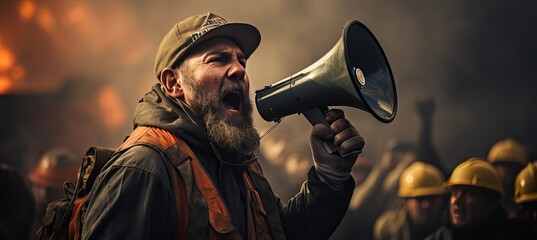 Industrial worker shouting in a megaphone in the building site.  - obrazy, fototapety, plakaty