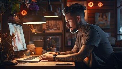 Young man with tattoos sits working at a table using laptop