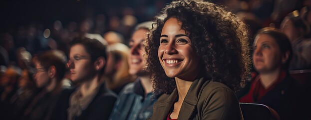 Young woman with curly black hair smiling at an audience