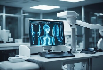 Advanced x-ray scan medical diagnosis machine at hospital health care lab as wide banner with copy