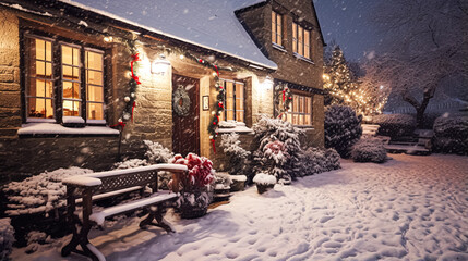 Christmas in the countryside, cottage and garden decorated for holidays on a snowy winter evening with snow and holiday lights, English country styling - obrazy, fototapety, plakaty