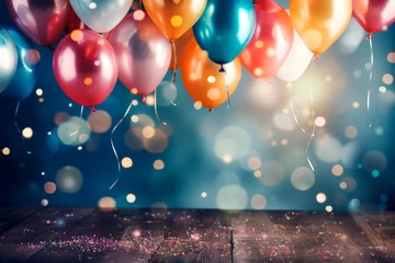 Foto op Canvas A bunch of colorful balloons and confetti on a pastel background. Copy space. Birthday and party concept. © Anastasiya