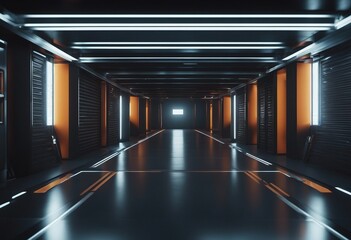 Dark Futuristic Modern Garage Showroom Tunnel Corridor Entrance 3D Illustration