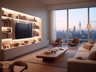 Modern living room on twilight on a high floor with city view with skyscrapers.