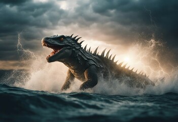 Intense kaiju like lizard monster in a violent ocean storm with thunder and lightning