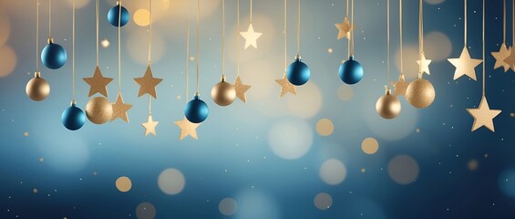 Banging ball and star ornaments on a blurry, defocused, bokeh light glow blue background. Concept of celebration, Christmas, Xmas. Copy space for text