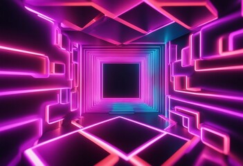 3d render abstract geometric background with neon square frame glowing with gradient light