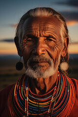 A portrait of a Maasai man in traditional attire, with beaded jewelry