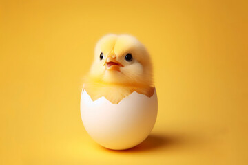 Fototapeta premium Studio portrait of a little chicken inside egg with a surprised face on a yellow bright background. ai generative