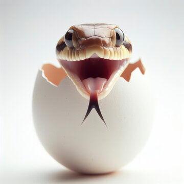 Studio portrait of a snake inside egg with a surprised face on a white bright background. ai generative