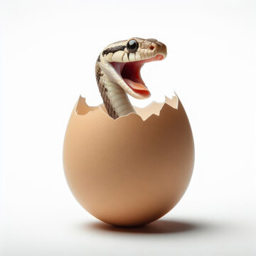 Studio portrait of a snake inside egg with a surprised face on a white bright background. ai generative