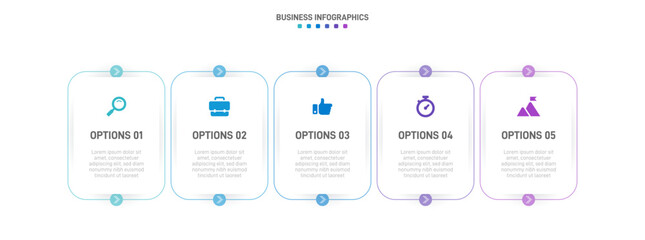 Timeline infographic with infochart. Modern presentation template with 5 spets for business process. Website template on white background for concept modern design. Horizontal layout.
