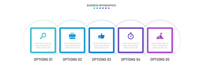 Timeline infographic with infochart. Modern presentation template with 5 spets for business process. Website template on white background for concept modern design. Horizontal layout.
