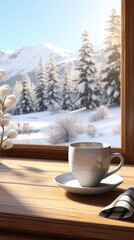 Obraz na płótnie Canvas a steaming cup of hot coffee placed beside a soft and inviting plaid on the vintage windowsill of a quaint cottage, capturing the picturesque scene with a minimalist and modern composition.