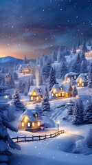 a snow-covered winter landscape adorned with twinkling Christmas lights, capturing the magical essence of the holiday season for a stunning Christmas wallpaper.