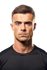 Obraz premium A male athlete soccer player intensely looking into the camera