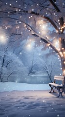 a snow-covered winter landscape adorned with twinkling Christmas lights, capturing the magical essence of the holiday season for a stunning Christmas wallpaper.