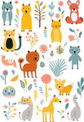 Wandaufkleber set of charming vector illustrations featuring whimsical animals in playful poses and adorable scenarios, perfect for children's books or cheerful design projects © Levent