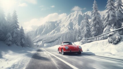 Fototapeta na wymiar a car speeding along a snow-covered road, surrounded by a breathtaking winter landscape, a sense of movement and adventure with a focus on the snowy mountains and dense forest.