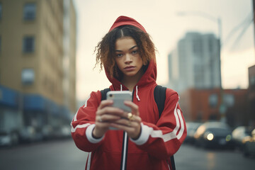 A young woman in a red hoodie with an urban style holds her phone in her hand, with a defiant and nonconformist look. Generation Against Cyberbullying on the internet concept - obrazy, fototapety, plakaty
