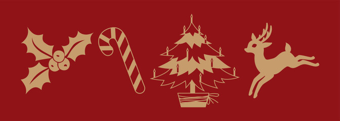 Fototapeta premium Set of Christmas and New Year icons and symbols on a red background. Reindeer, candy cane, holly berries, Christmas tree. Decorative elements for festive design of winter holidays.Vector illustration.