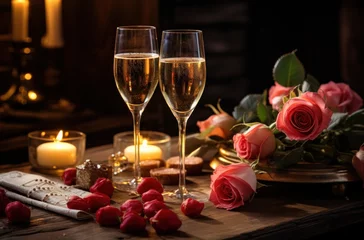  two champagne glasses next to candles and rose, © olegganko