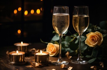 two champagne glasses next to candles and rose,