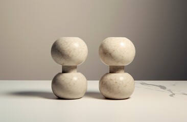 Fototapeta na wymiar two dumbbells on top of a gray surface,