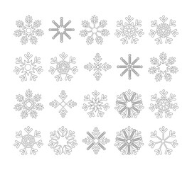 Set of linear icons of snow, snowflakes. Winter elements for Christmas and New Year decoration, meteorological symbols. Vector illustration.