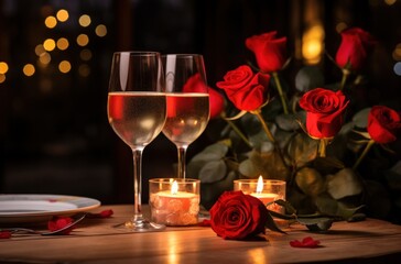 two glasses of champagne at a romantic table with candles and red rose,