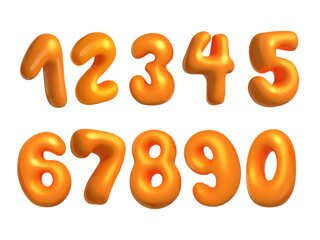 Orange numbers from 0 to 9. Voluminous comic numbers. Bubble style font. Realistic 3d design. vector illustration