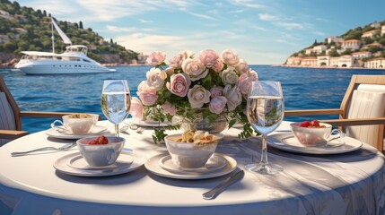 Fototapeta premium a romantic lunch on a motor yacht, a luxurious dining setup with attention to detail, capturing the ambiance and elegance of the moment in a minimalist, modern style.